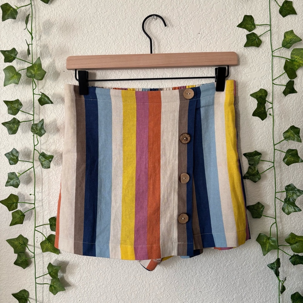 Forever 21 Women's/Juniors Linen Blend Mock Wrap Striped Skort Blue Pink Size M